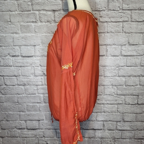 Lucky Brand Top Orange Cream Embroidered Split V Neck Ties Long Sleeve Size S - Picture 6 of 8